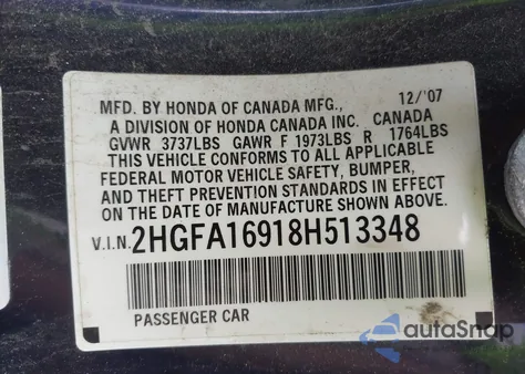 2008 Honda Civic Ex-L from USA, damaged, VIN 2HGFA16918H513348